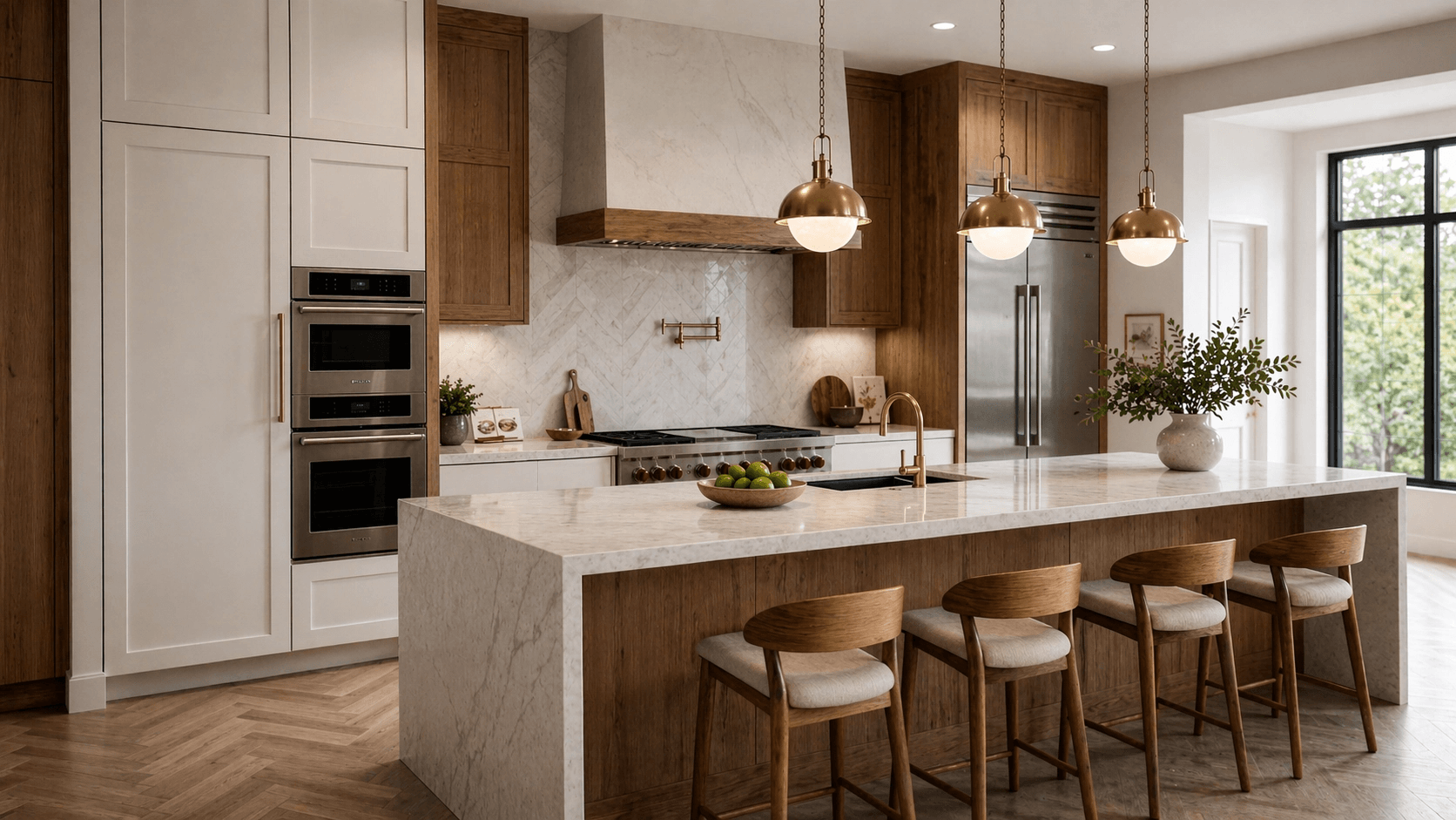 Premium custom kitchen with shaker cabinets and marble waterfall island